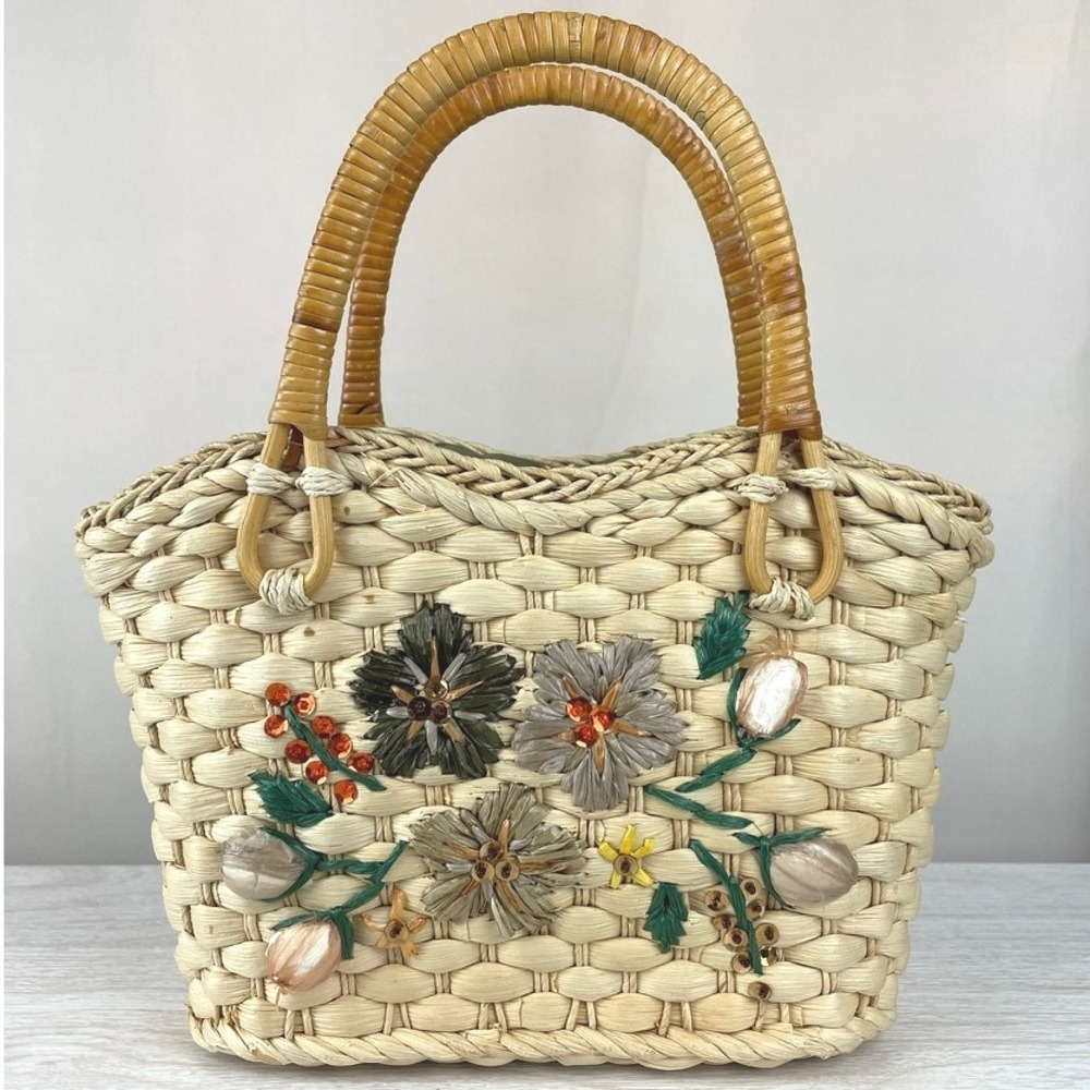 Vintage‎ Straw Handbag Satchel Raffia Floral Resortcore Summer Purse Coastal